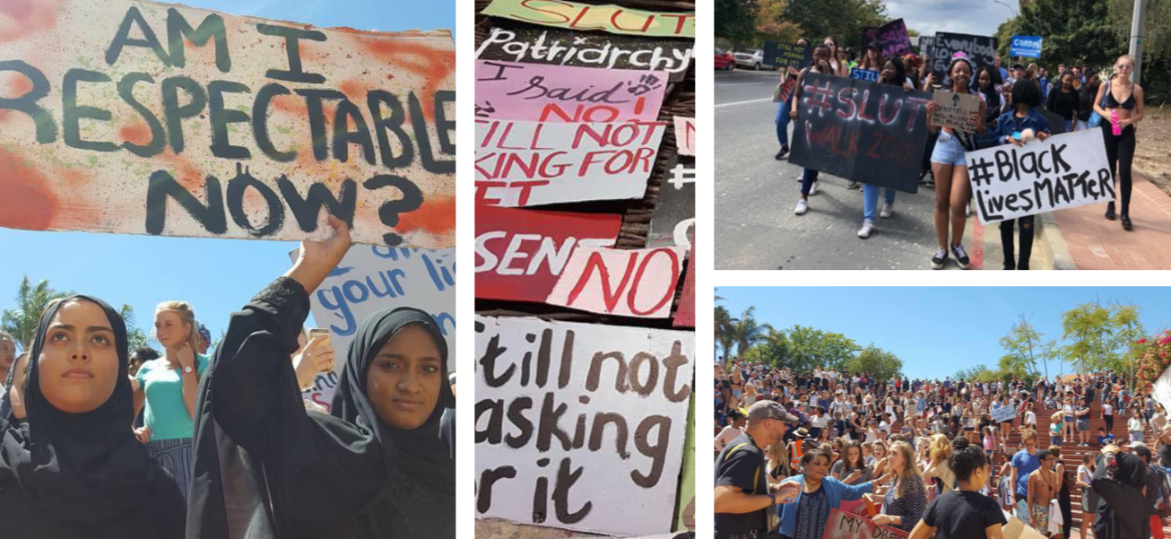 STELLIES STUDENTS SEEKING SPOTLIGHT With the hashtag movements trending across campus, Maties are seen drawing attention to issues important to them by protesting, making signs and gathering in solidarity. Photo: Luke Waltham. On the left: Joey Khan and Saaniyah Yacoob holding sign. Middle: Posters made by students. Top Right: Students marching down Merriman Street. Bottom Right: Crowd gathering on the Bib stairs in support of the Slut Walk campaing. 